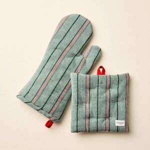 Hearth & Hand Magnolia 2Pc Green/Red Stripe Oven Mitt + Potholder